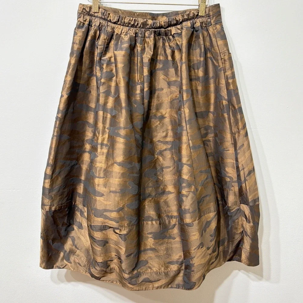 Sun Kim‎ Bronze Camo Bubble Midi Skirt Brown Jacquard Women Medium